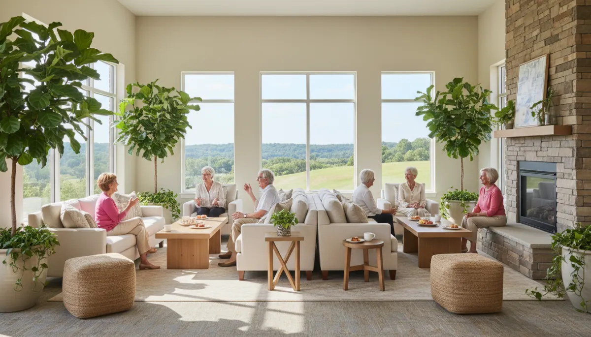 photorealistic interior of a bright neutral-toned clubhouse lounge in a 55+ community near Hoover Alabama, seniors chatting over coffee, large windows, comfortable seating, subtle greenery