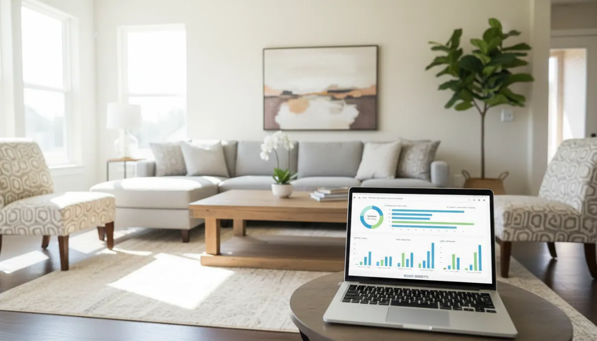 Photorealistic staged Hoover AL living room with market analysis displayed on a laptop