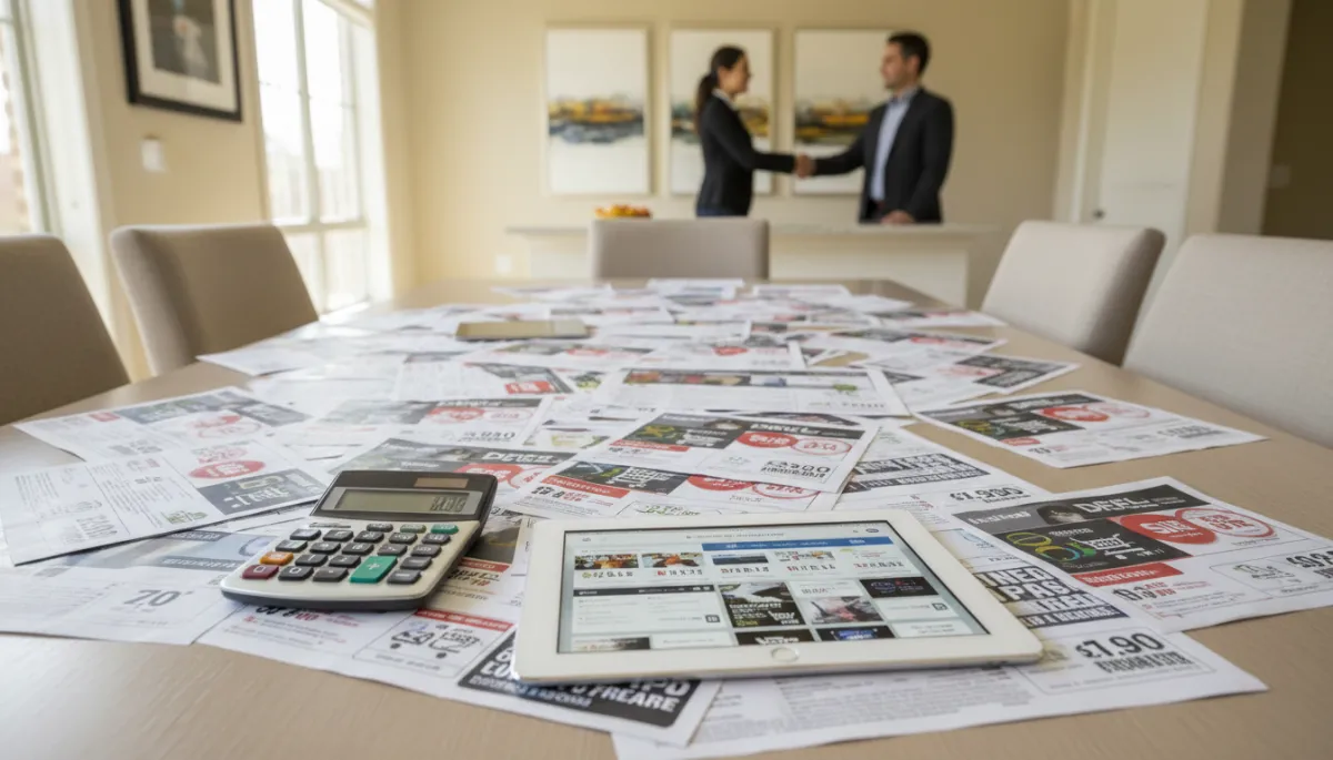Photorealistic scene of reviewing and negotiating multiple offers on a Hoover home