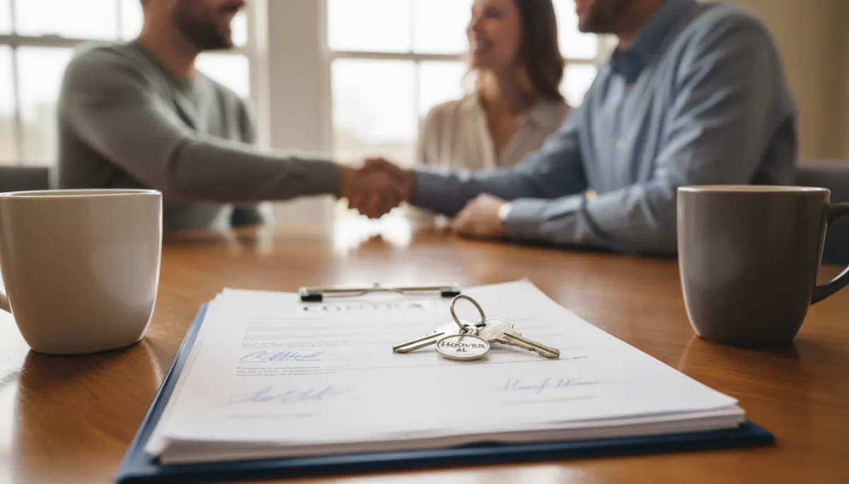Photorealistic closing table scene with signed contract and house keys in Hoover