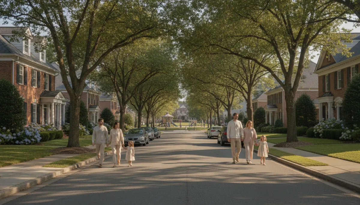 Families walking along a tree-lined residential street in Vestavia Hills