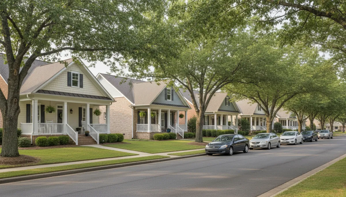 Tree-lined residential street in Ross Bridge with single-family homes and front porches