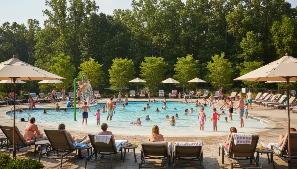 Families enjoying a resort-style community pool in Ross Bridge on a sunny day