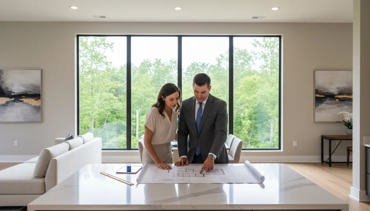 Real estate advisor consulting luxury home buyers in a Hoover Alabama kitchen