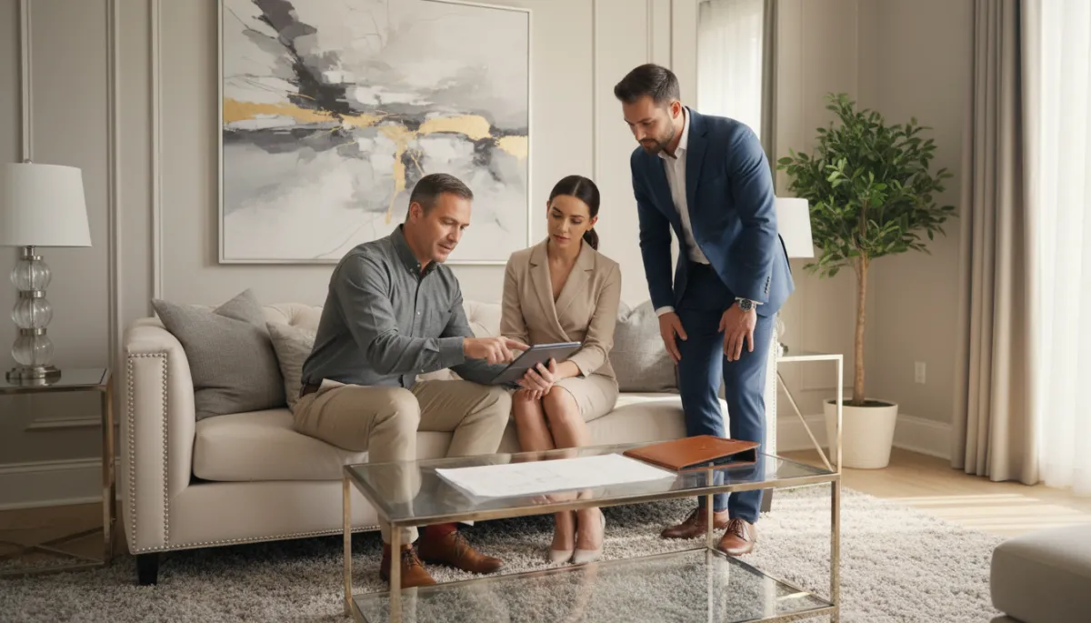 Photorealistic buyers reviewing inspection report in luxury Hoover living room