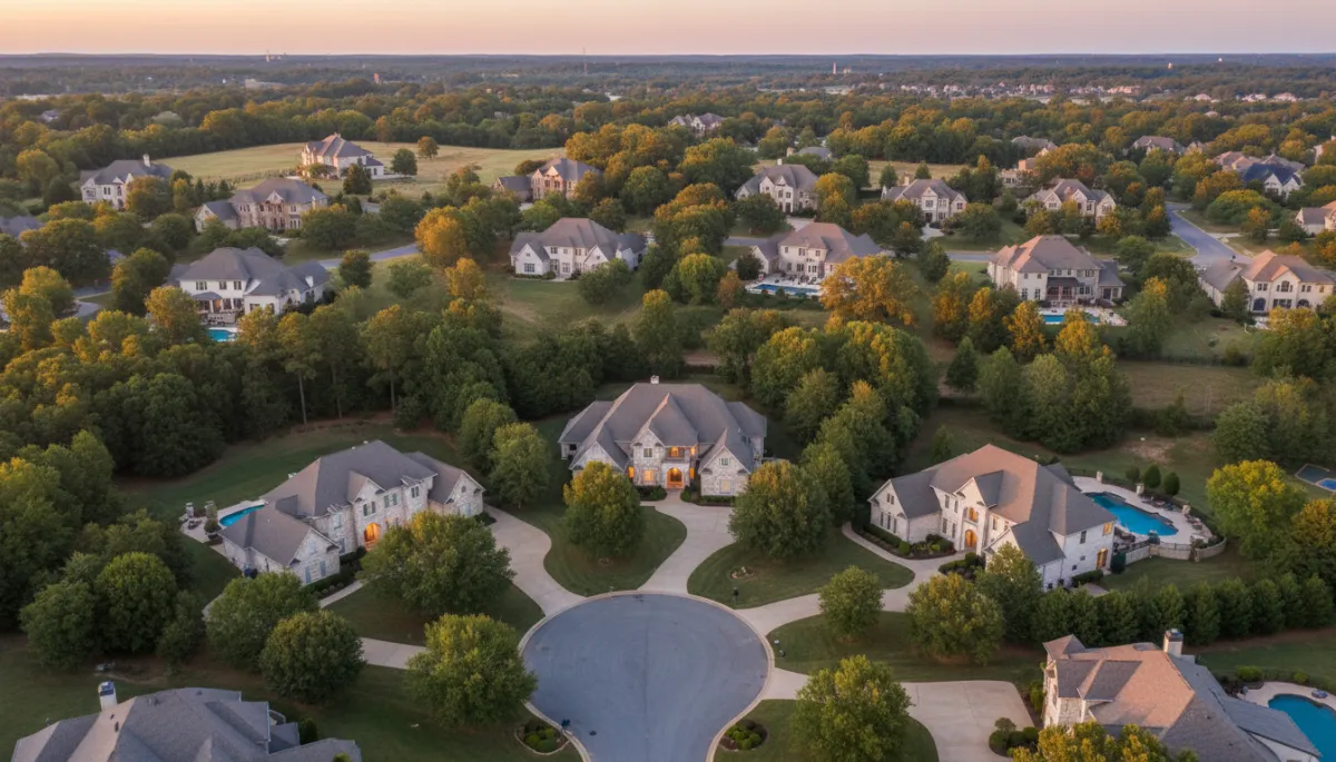 Photorealistic aerial view of luxury neighborhood in Hoover Alabama