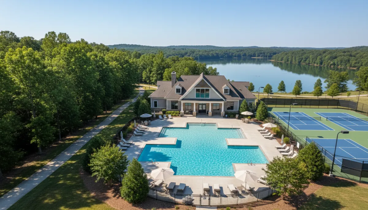 Photorealistic view of Lake Cyrus clubhouse, pool, tennis courts, and walking trail near the lake