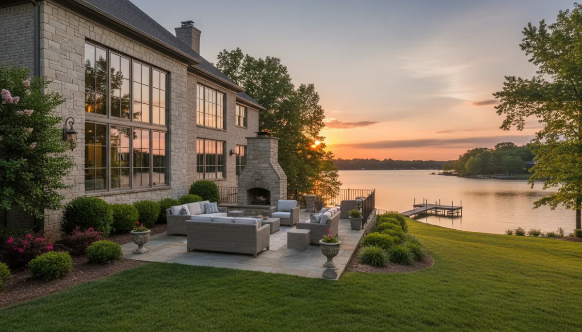 Photorealistic view of an elegant brick lakefront home with patio overlooking the water in Lake Cyrus