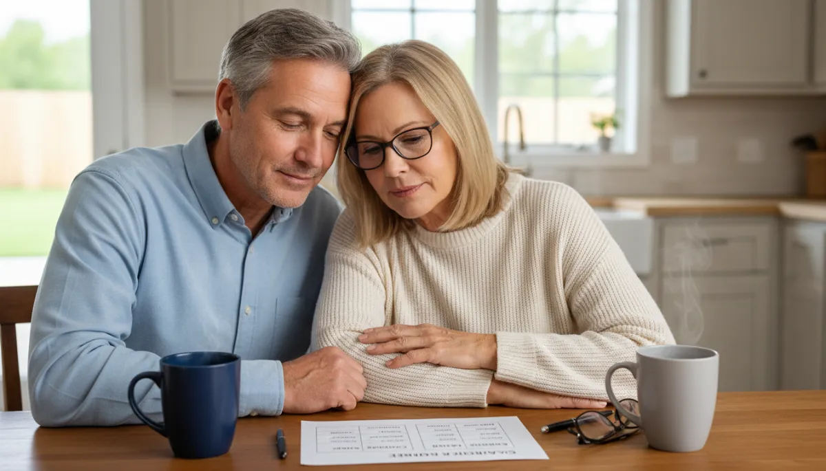 Hoover empty nesters reviewing downsizing financial options at their kitchen table