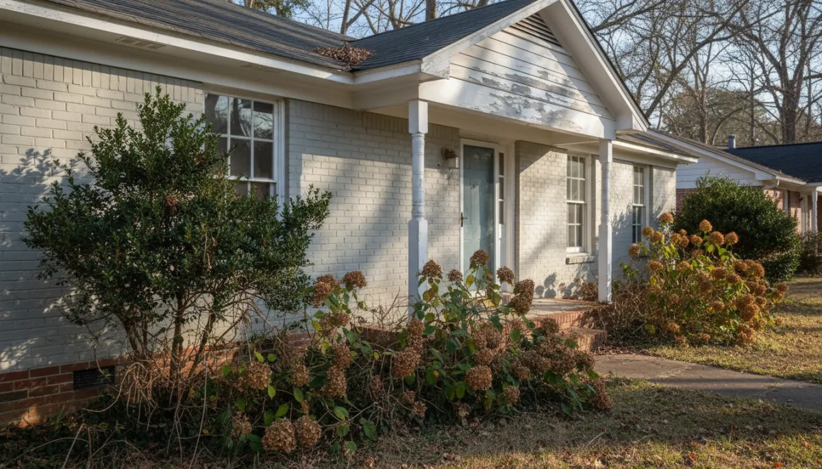 Hoover Alabama home exterior showing minor deferred maintenance on trim and landscaping