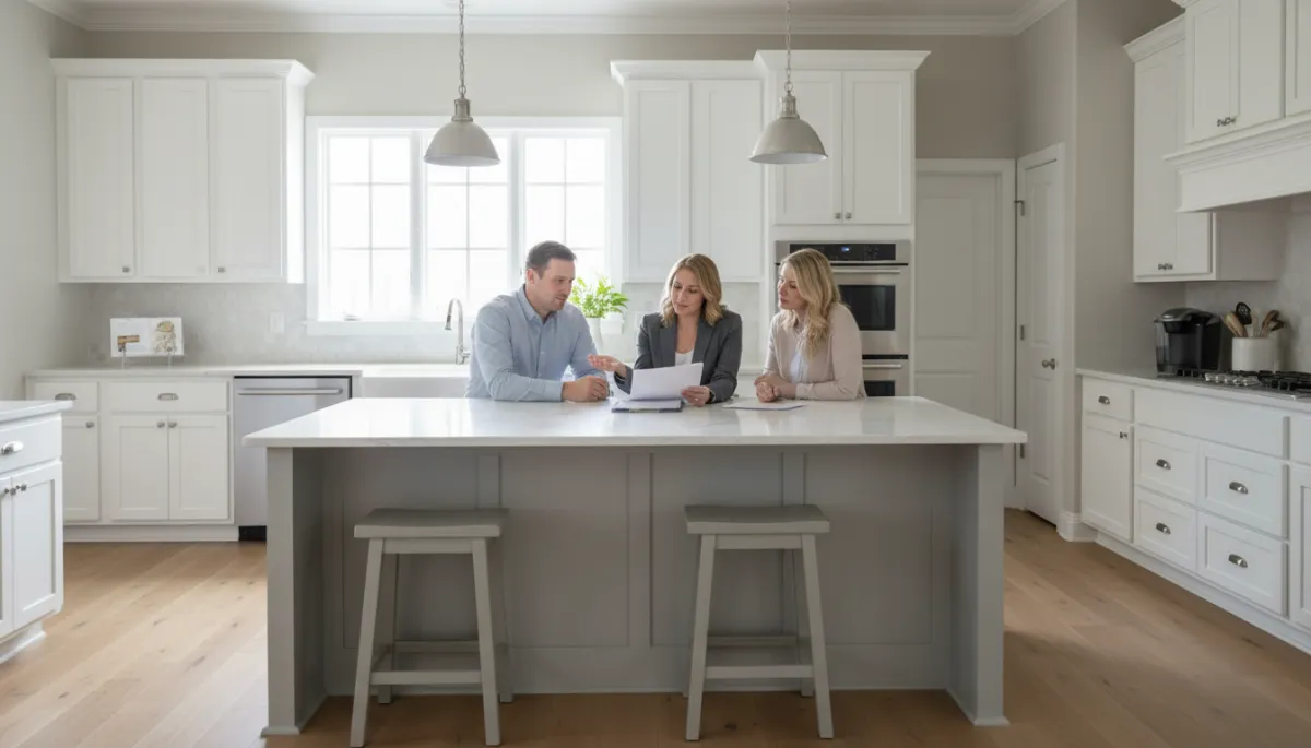 Real estate agent meeting discreetly with divorcing spouses in a neutral Hoover kitchen