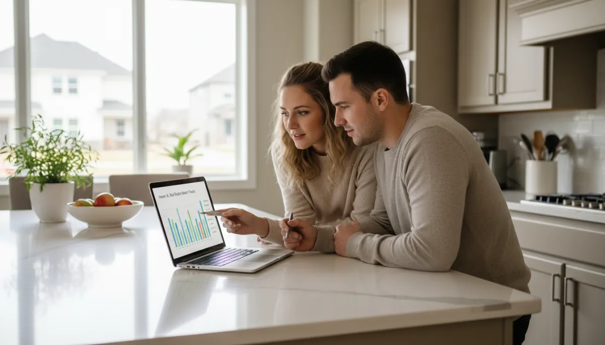 Photorealistic scene of homebuyers reviewing Hoover Alabama real estate market data in their kitchen