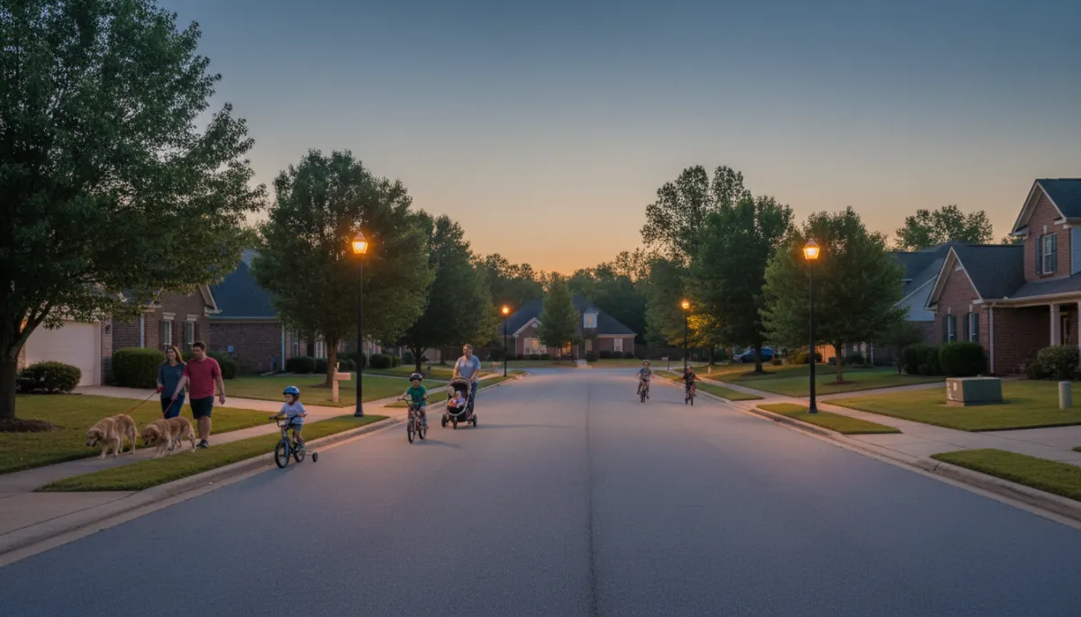 Photorealistic scene of families enjoying a safe Hoover Alabama neighborhood street