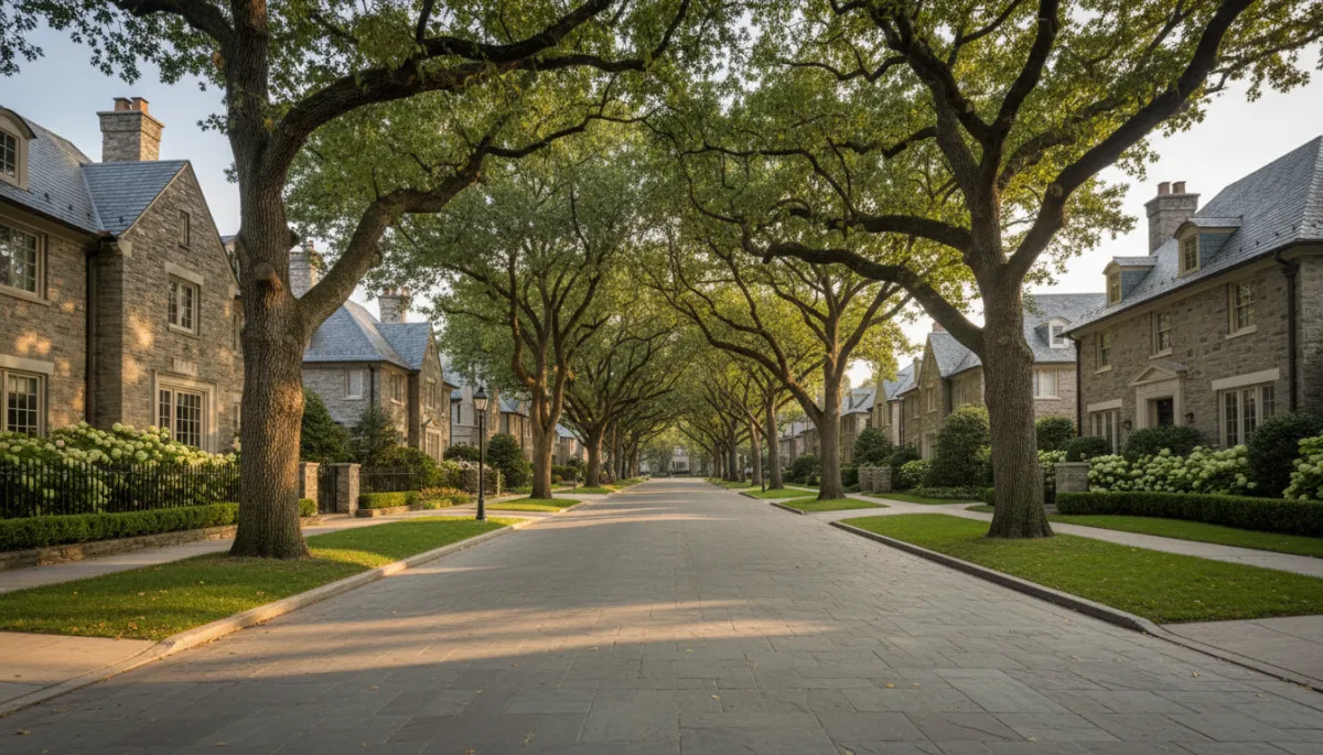 Tree-lined Greystone street with mature homes and landscaping