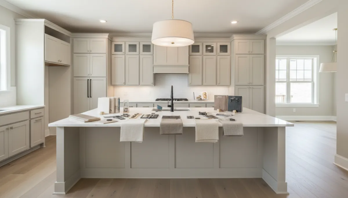 New construction kitchen in Lake Wilborn with design selections displayed