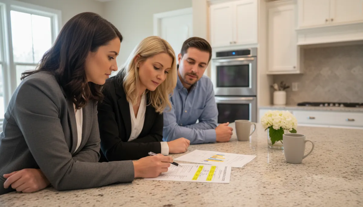Photorealistic scene of real estate agent and clients reviewing an offer in a Hoover home
