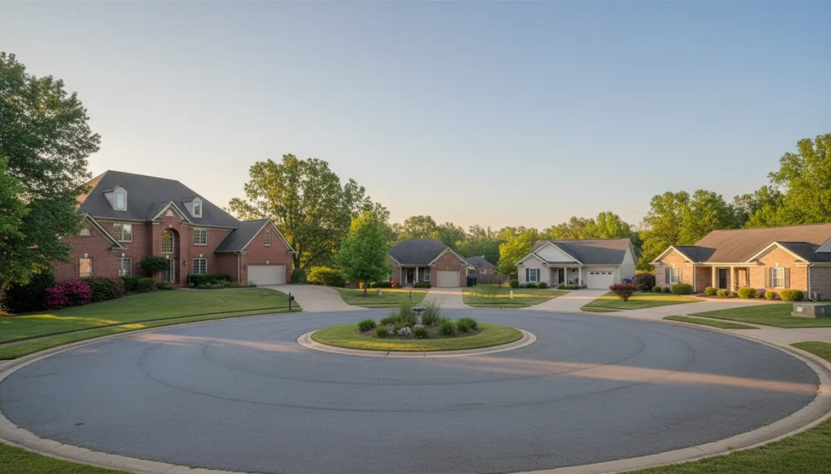 Large estate home contrasted with smaller patio homes on a quiet Hoover Alabama street