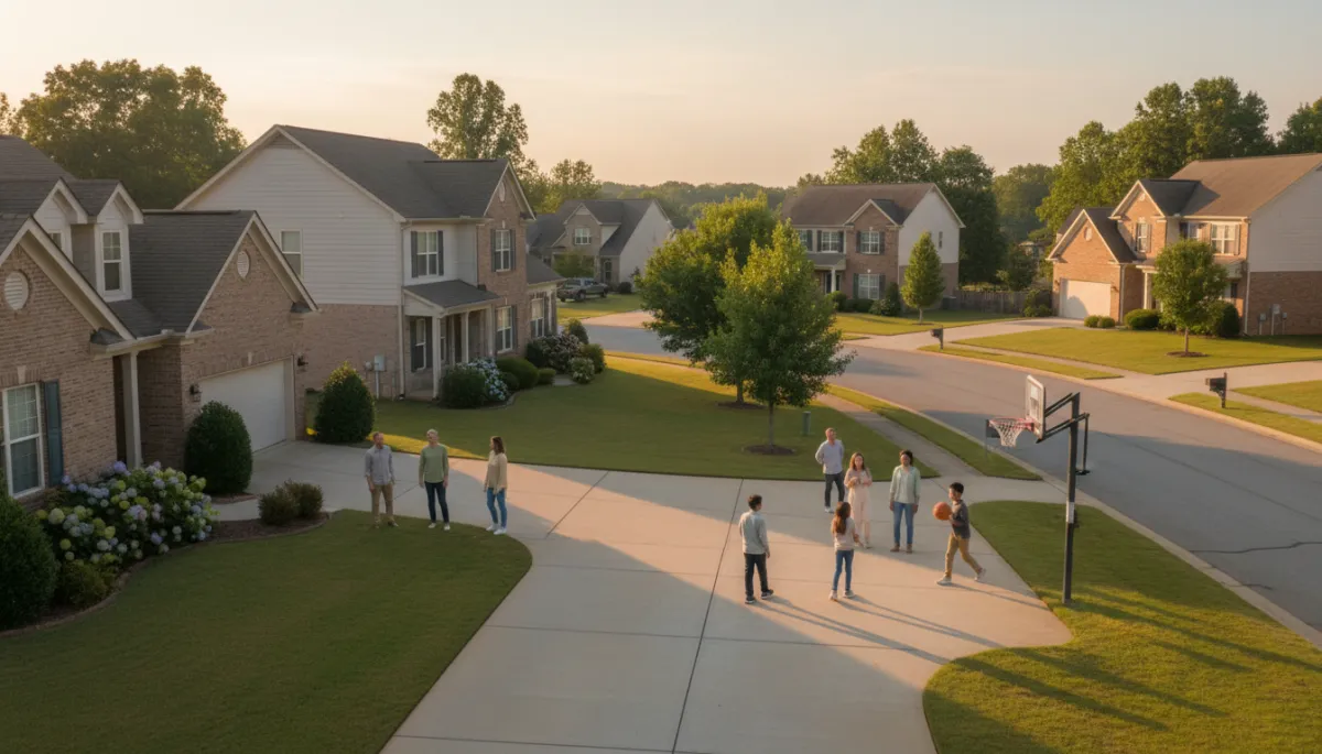 Neighbors and families gathering in a Hoover Alabama cul-de-sac at sunset