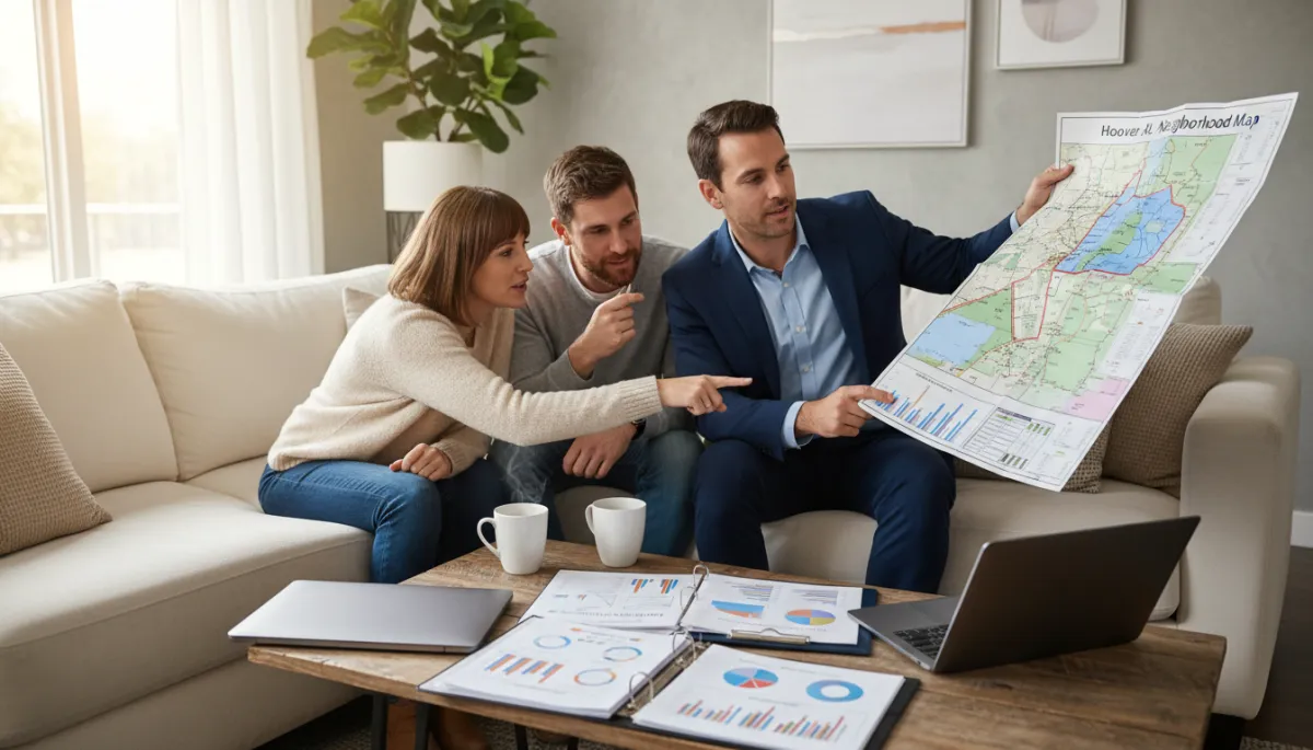 Real estate agent reviewing Hoover Alabama market data with home buyers during a consultation