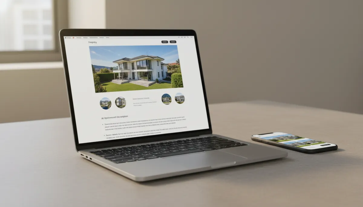 Laptop showing a professionally marketed Hoover Alabama home listing with photos, drone shots, and optimized description