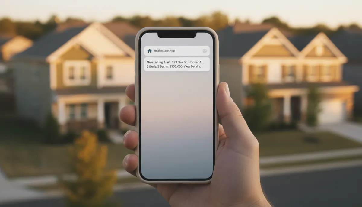 Hand holding phone showing new Hoover Alabama listing text alert