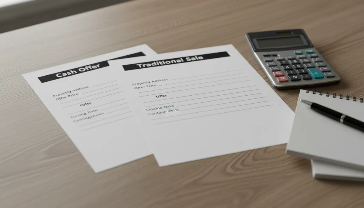 Side-by-side comparison of a cash offer and a traditional financed offer with a calculator