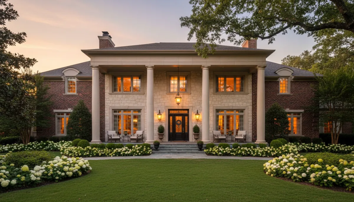 Luxury brick and stone home in Hoover Alabama with manicured landscaping