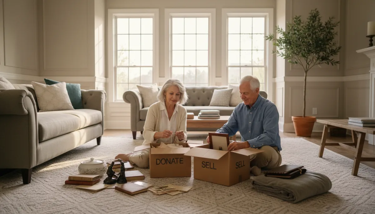 Older couple in Hoover calmly sorting belongings while planning a downsize