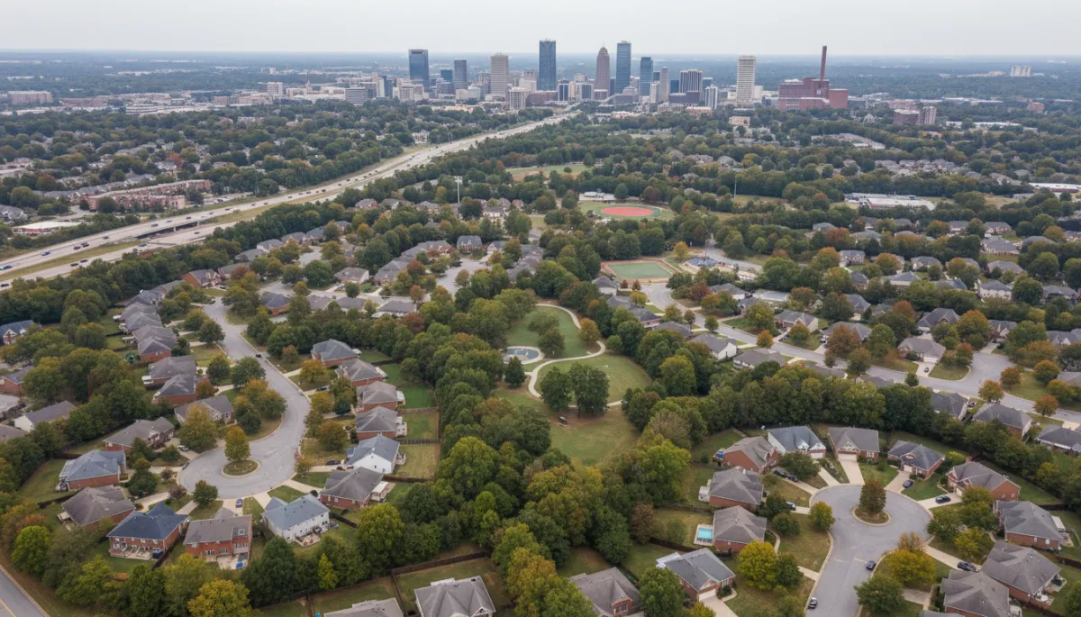 Aerial view of Birmingham suburbs with distinct residential neighborhoods and green spaces