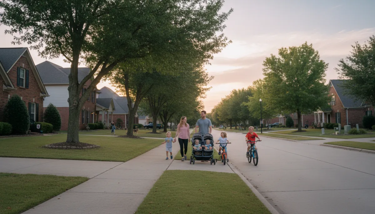 Family walking along a quiet residential sidewalk in Hoover Alabama