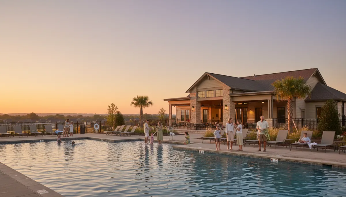 Community pool and clubhouse in a Hoover Alabama subdivision at sunset