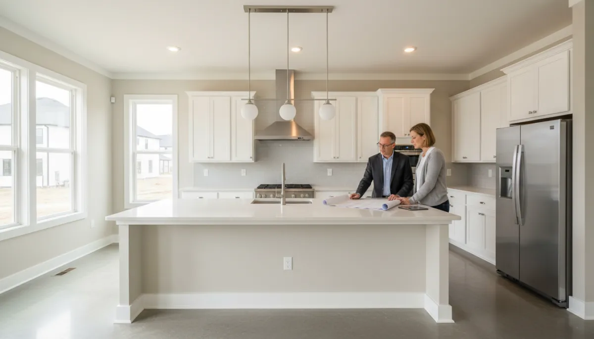Homebuyers reviewing new construction plans with their agent in a modern kitchen