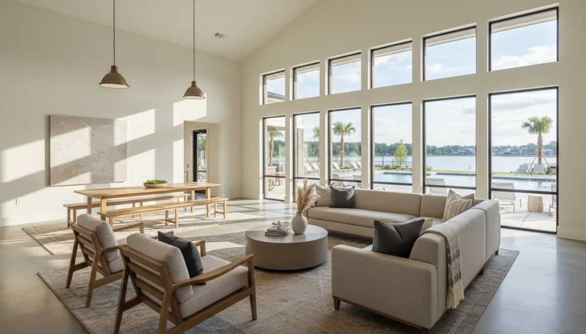 Clubhouse interior overlooking pool and lake in a Hoover new construction community