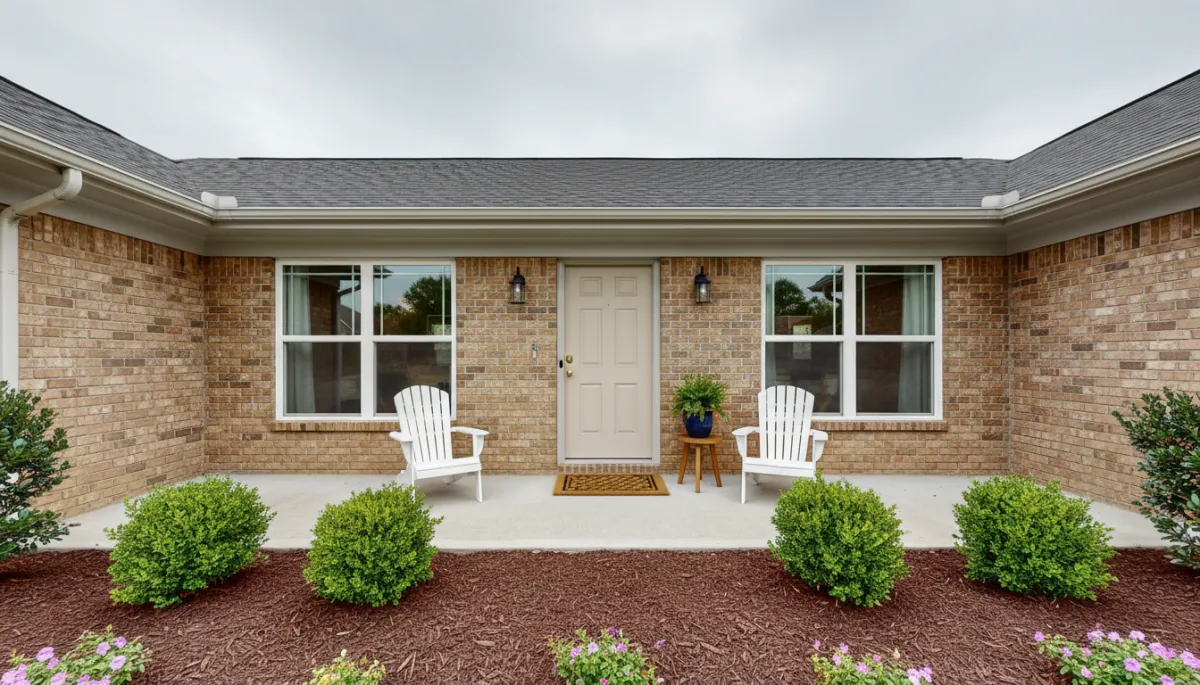 photorealistic home staging of a Hoover Alabama style front exterior with fresh mulch, trimmed shrubs, newly painted neutral front door, tidy porch with simple seating, overcast soft lighting
