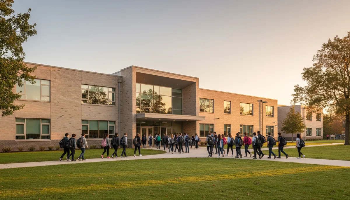 Photorealistic Birmingham-area high school building with students arriving