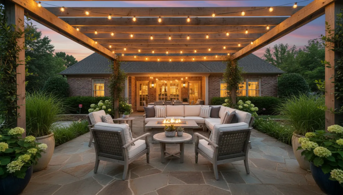 Cozy back patio of a Hoover Alabama home at dusk