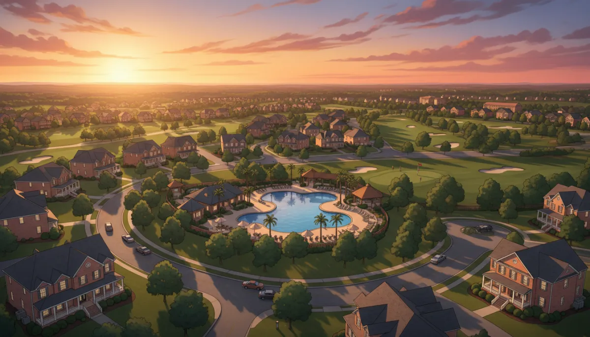 Aerial sunset view over Ross Bridge neighborhood in Hoover Alabama, tree-lined streets, golf course fairways, resort-style pool, and brick homes with front porches, warm golden light and soft clouds