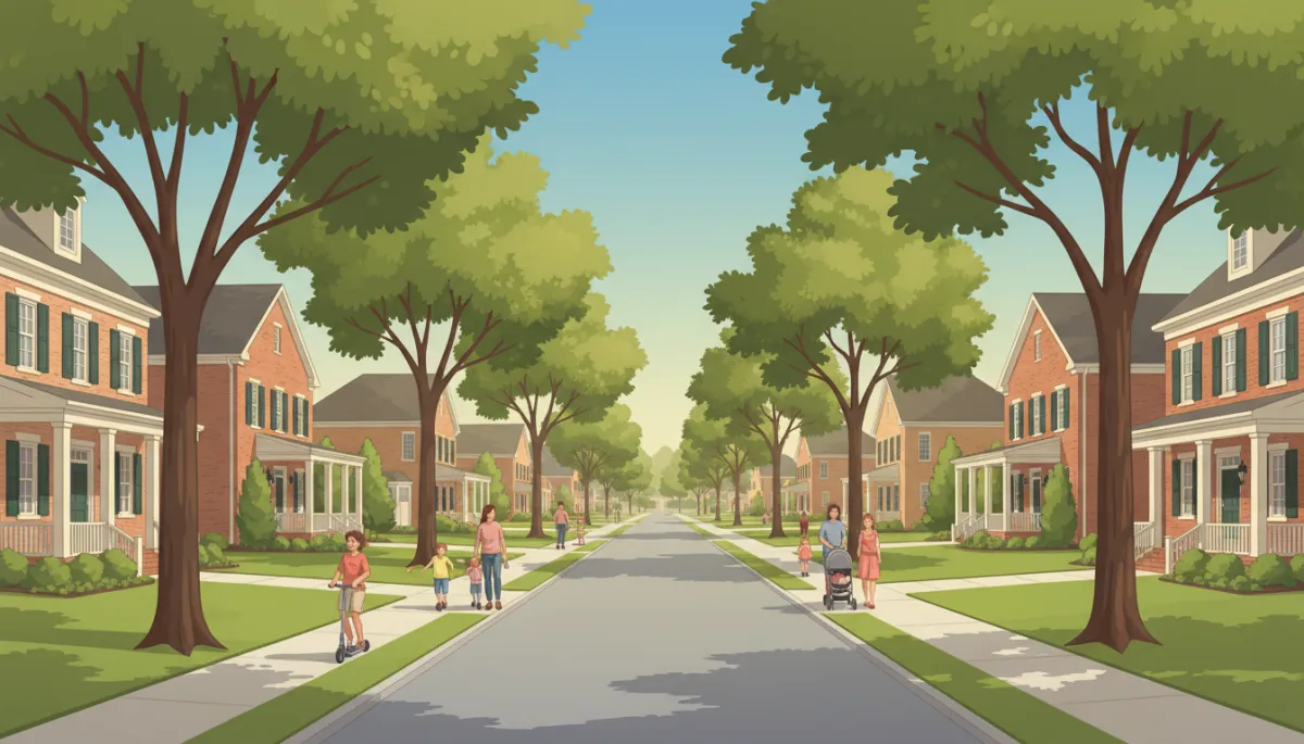 Tree-lined residential street in Ross Bridge with brick homes, front porches, manicured lawns, and families walking along the sidewalk on a sunny afternoon