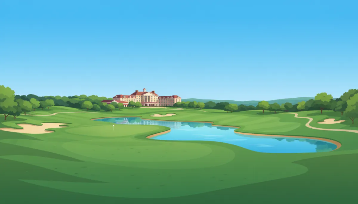 Wide view of the Ross Bridge Robert Trent Jones golf course with rolling fairways, water features, and the resort in the background under a bright blue sky