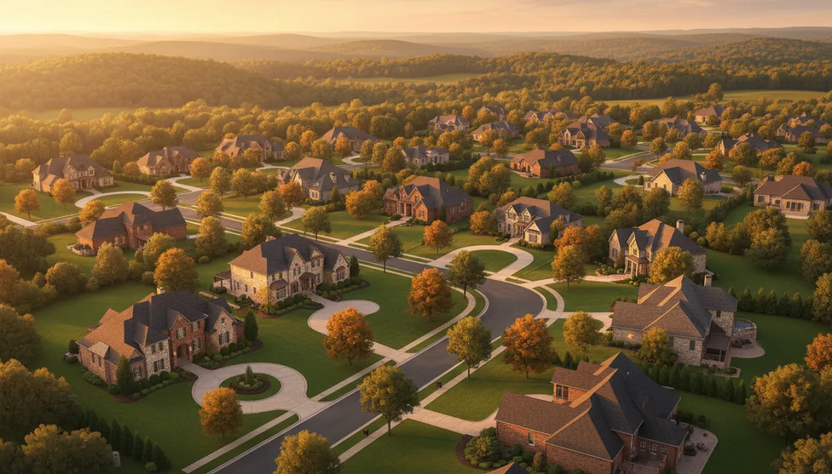Golden-hour aerial view of an upscale Hoover AL neighborhood with large brick and stone homes, manicured lawns, winding streets, and wooded hills in the background, warm inviting light reflecting off rooftops