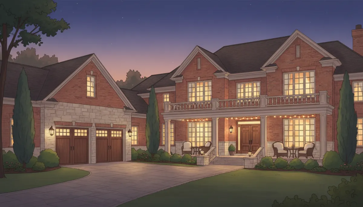 Twilight exterior of a stately brick and stone luxury home in Hoover AL with three-car garage, landscaped front yard, warm interior lights glowing through large windows, and a wide front porch with seating