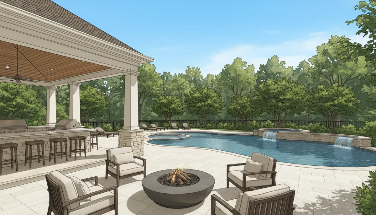 Daytime view of a luxury Hoover AL backyard with covered patio, outdoor kitchen, seating area around a fire pit, and a pool overlooking wooded green space, bright and inviting