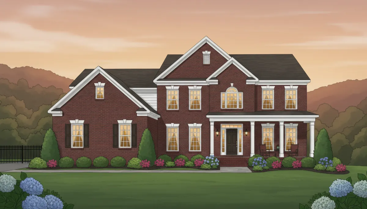 Bright late-afternoon view of a well-kept Hoover Alabama brick home with manicured lawn, fresh landscaping, and warm light coming from the windows, subtle hills and trees in the background