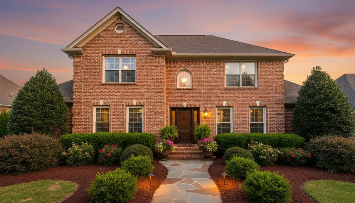 Photorealistic wide-angle shot of a freshly landscaped Hoover Alabama brick home at sunset, with new mulch, trimmed shrubs, potted plants by the front door, and warm exterior lighting highlighting the entry walkway