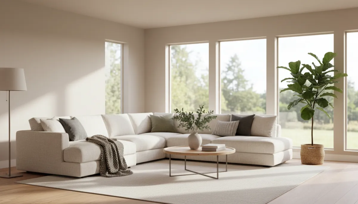 Photorealistic interior of a staged living room in a Hoover Alabama home with neutral walls, a cozy sectional sofa, soft throw pillows, a simple coffee table, fresh greenery, and natural light streaming through large windows