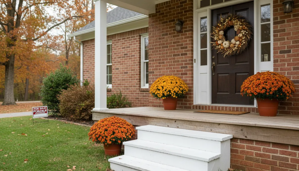 Photorealistic Hoover Alabama home front porch staged with simple fall decor