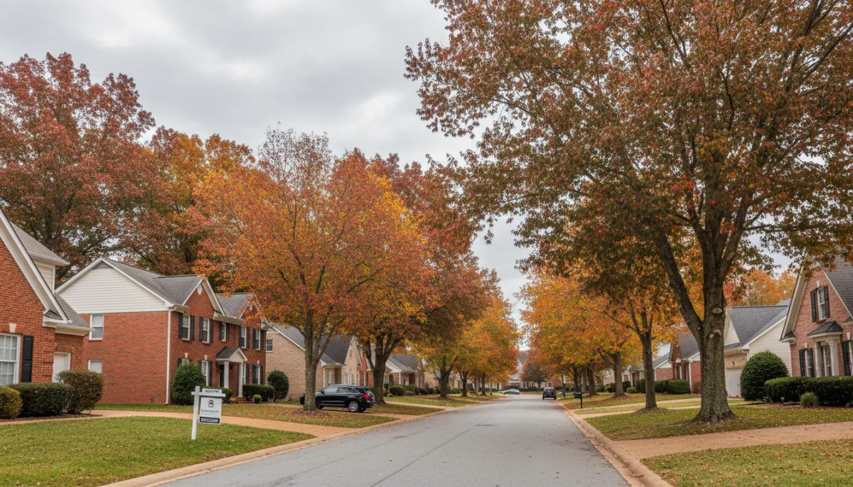 Photorealistic Hoover Alabama neighborhood street with a home for sale in fall