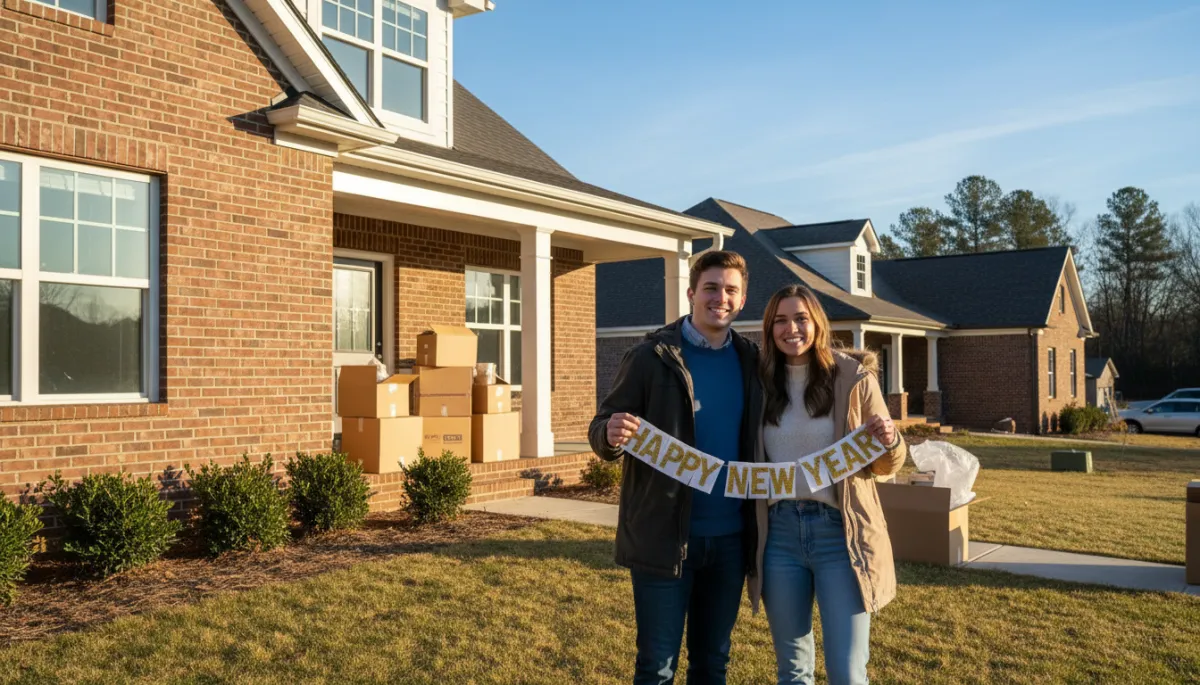 Smiling buyers standing in front of a new Hoover Alabama home with moving boxes
