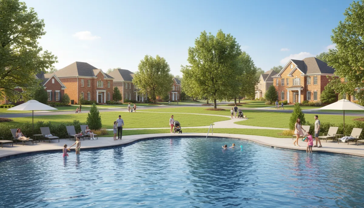 Summer activity around a community pool and homes in a Hoover Alabama neighborhood