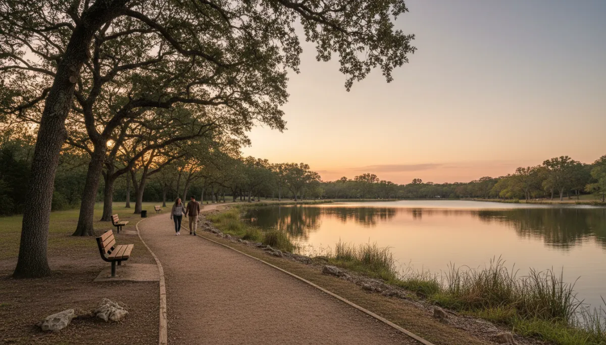 Walking trail along the lake in Lake Cyrus with trees and benches